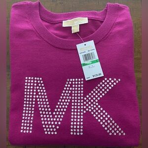 •NWT•Michael Kors Rhinestone Embellished Logo Cotton Blend Sweater- DEEP FUCHSIA